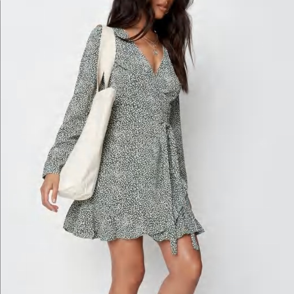 Green Sprinkle Print Ruffle Wrap Tea Dress